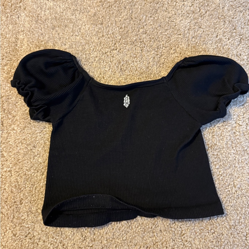 FP Movement by Free People Black Ribbed Puff Sleeve Crop Top